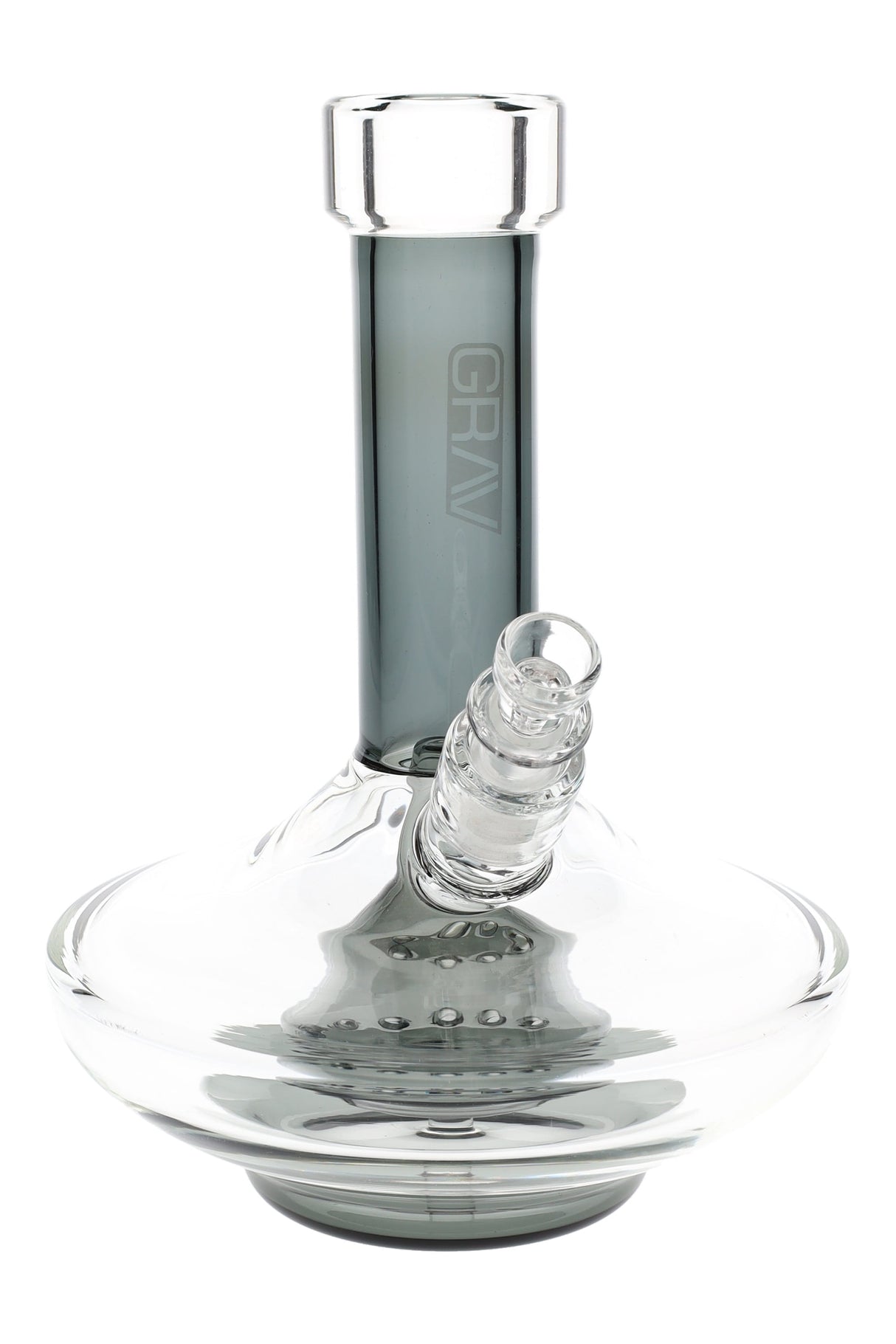 GRAV Small Wide Base glass bong in smoke gray with clear accents, 8.25″ tall with 14 mm bowl and conical fission perc.