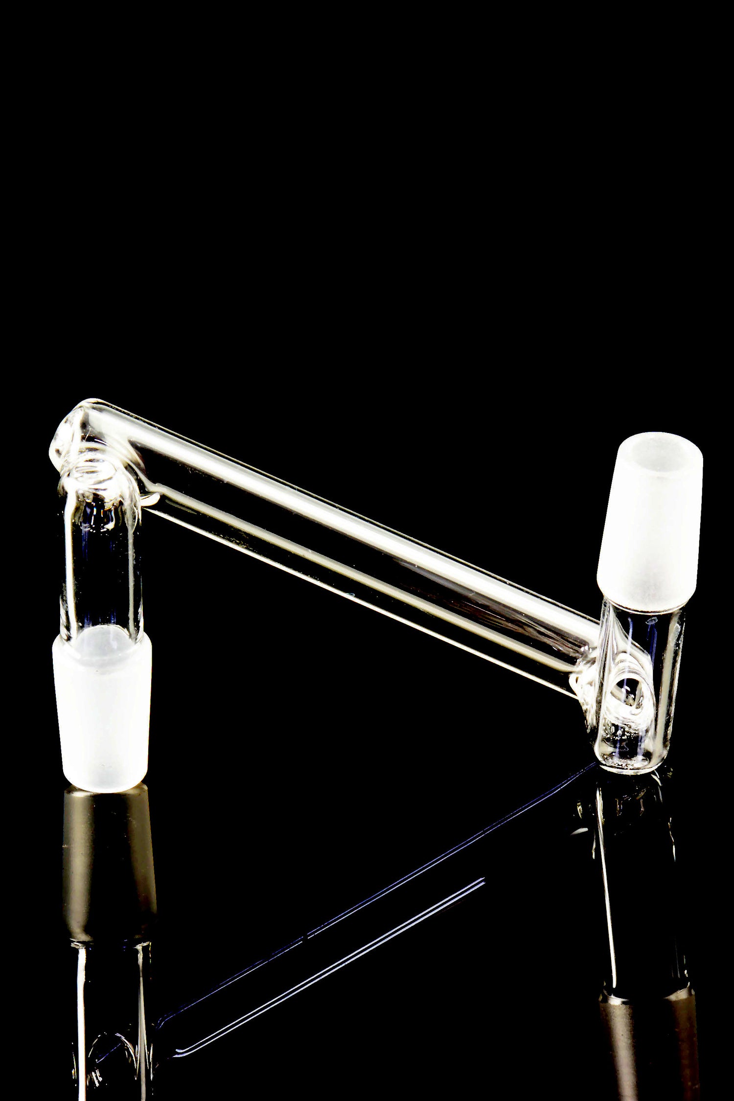 Close-up sidecar adapter for 14 mm setups featuring frosted 14.5 mm male plugs and straight connector tube on a black reflective backdrop.