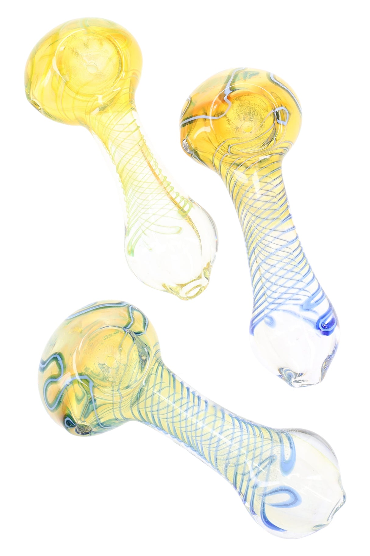 4″ color-changing glass hand pipe with tight spiral stripe and clear spoon bowl; compact, lightweight design in assorted color palettes.
