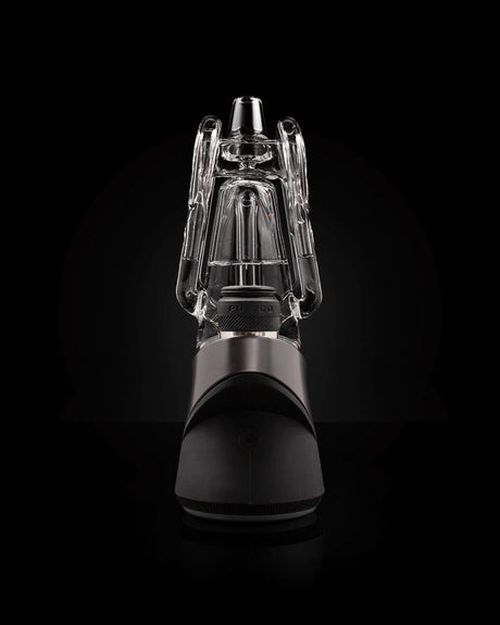 Front-on Peak Pro setup fitted with Recycler Glass 2.0, centered intake and balanced side recycler arms highlighted against black.