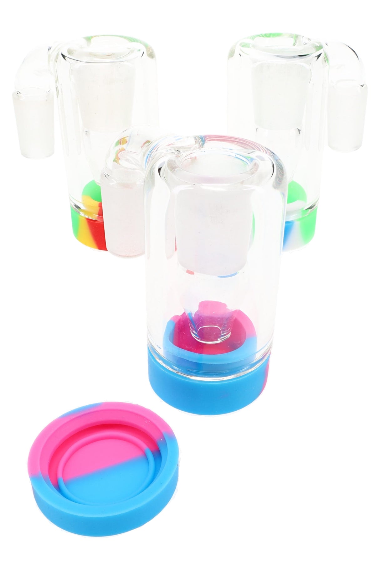 Glass and silicone wax catcher adapter with 14.5 mm male-to-female 90° joints and removable silicone jar and lid in assorted colors.