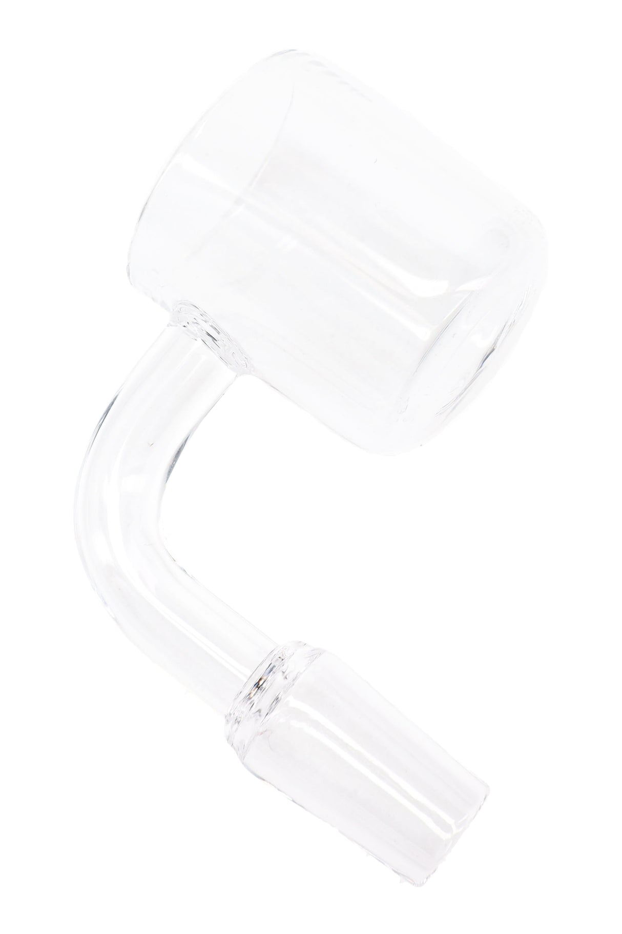 Close-up of a clear 30 mm quartz bucket banger with flat-top rim and 90° neck, ground glass joint detail.