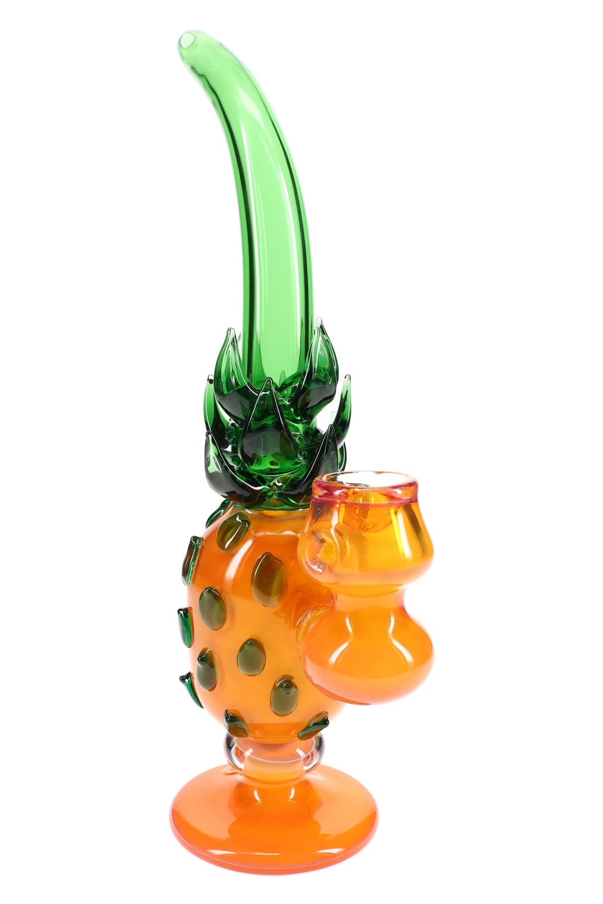 Nine-inch gold-fumed glass pineapple bubbler with green crown mouthpiece, raised spike accents, and pedestal base on white background.