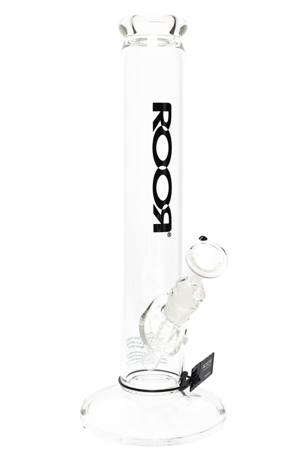 Clear ROOR Zumo 14-inch straight tube with black vertical ROOR logo, glass-on-glass downstem and bowl on wide round base.