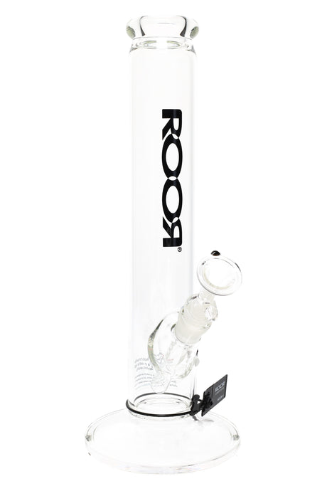 Clear ROOR Zumo 14-inch straight tube with black vertical ROOR logo, glass-on-glass downstem and bowl on wide round base.