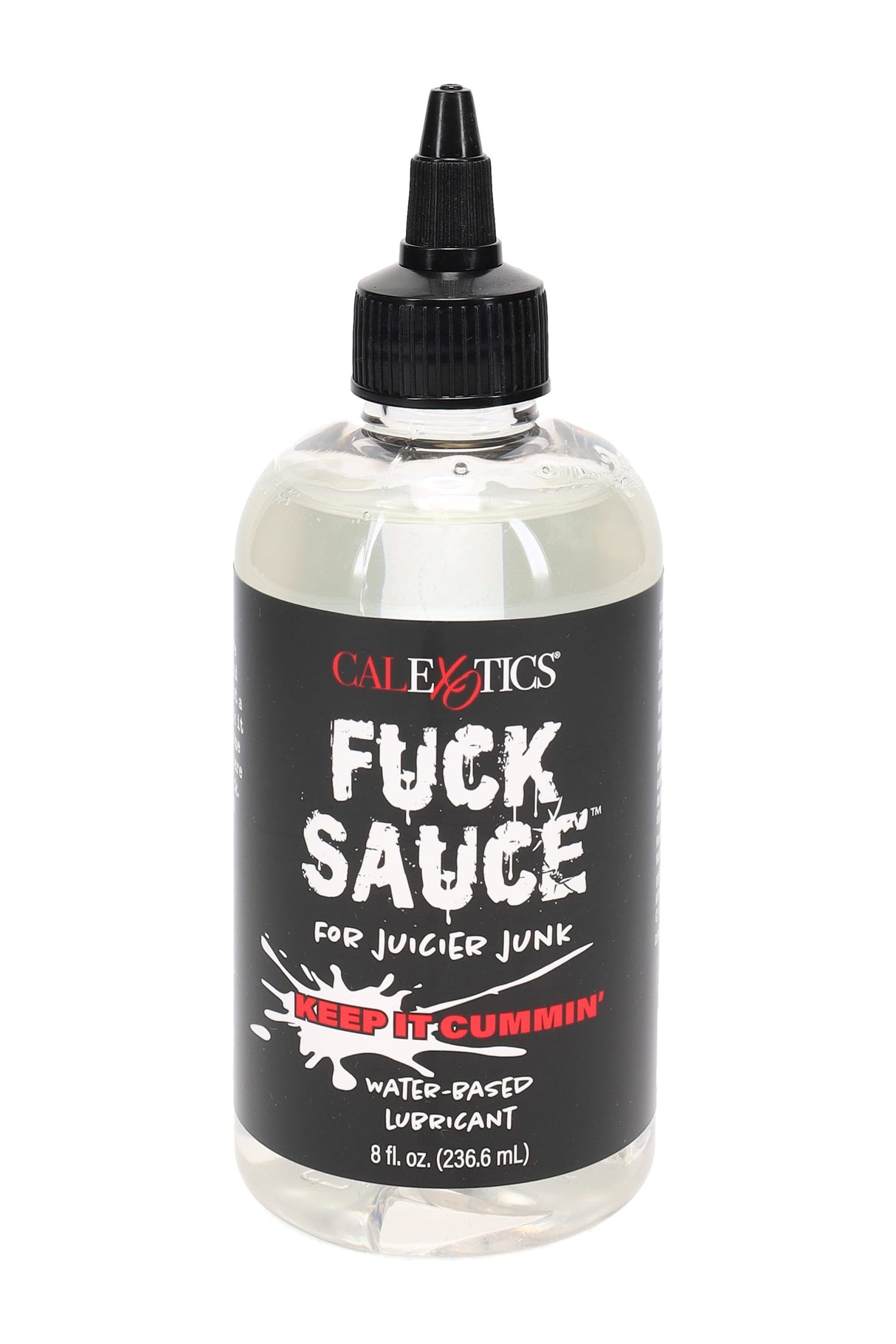 Fuck Sauce 8 oz water-based lubricant bottle with black label, red lettering, and twist-top cap