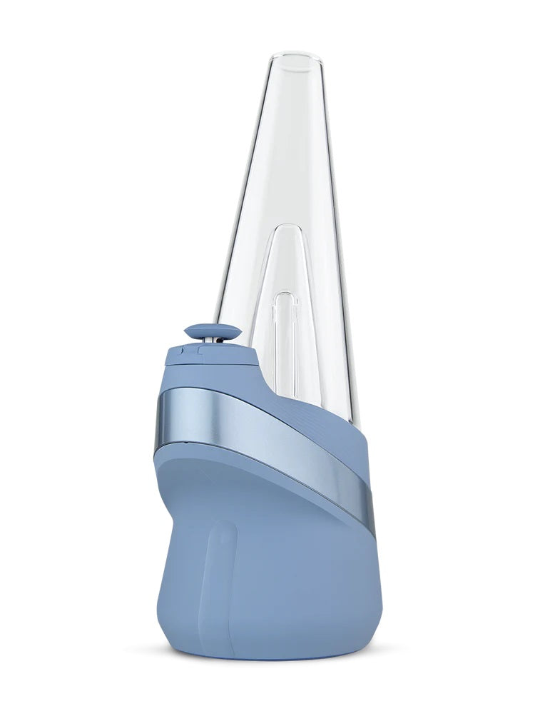 Front view of Sky color New Peak e-rig, compact handheld base with removable cone glass top.