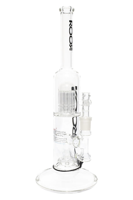 Side view of ROOR Tech 14-inch straight tube water pipe showing stacked tree to showerhead percolator and glass-on-glass bowl.