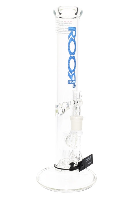 ROOR Tech 14-inch clear straight tube bong with showerhead percolator, 5 mm thick glass, blue ROOR Tech decal, wide round base.