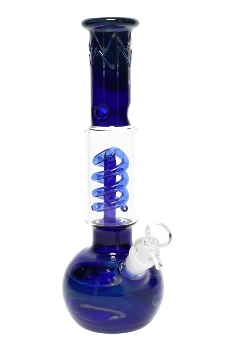 Cobalt blue bubble bong with ice-pinch neck and visible blue spiral coil perc in the center chamber.