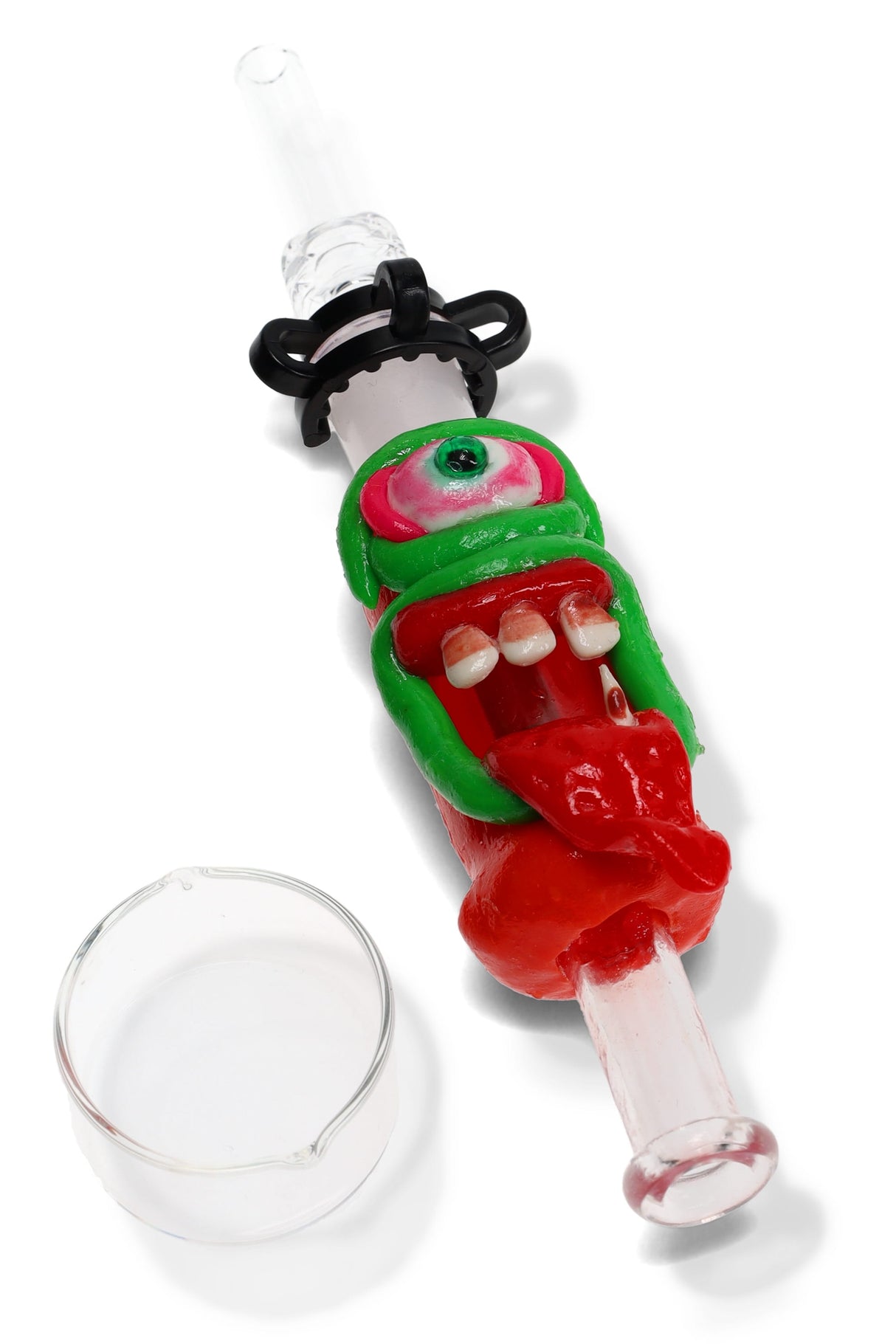 Green and red monster glass dab straw kit with single eye and teeth, black keck clip attached, includes small glass dish.