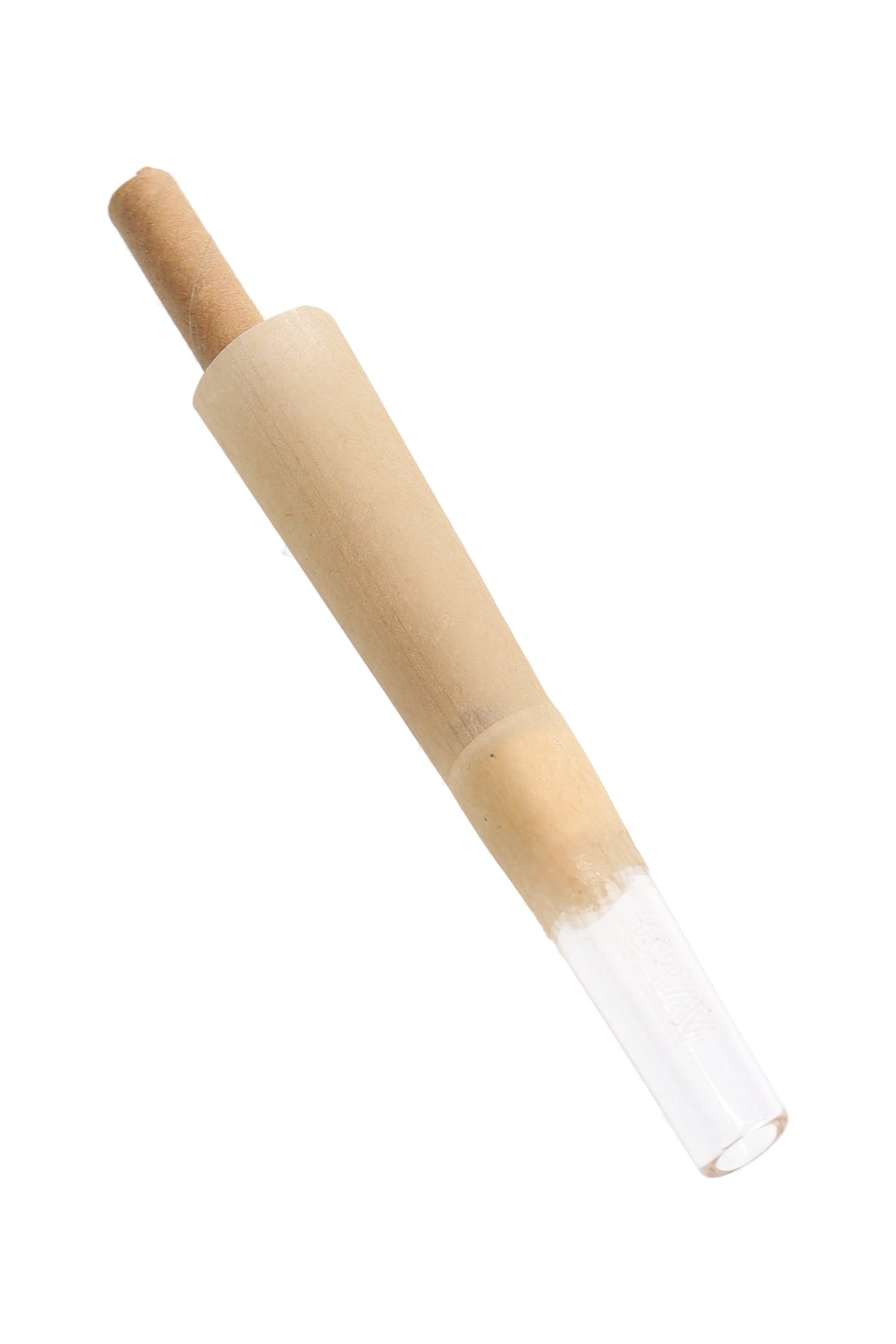 Close-up of natural 70 mm quartz tip cone with paper plug and clear glass tip ready to fill for a premium pre-roll.