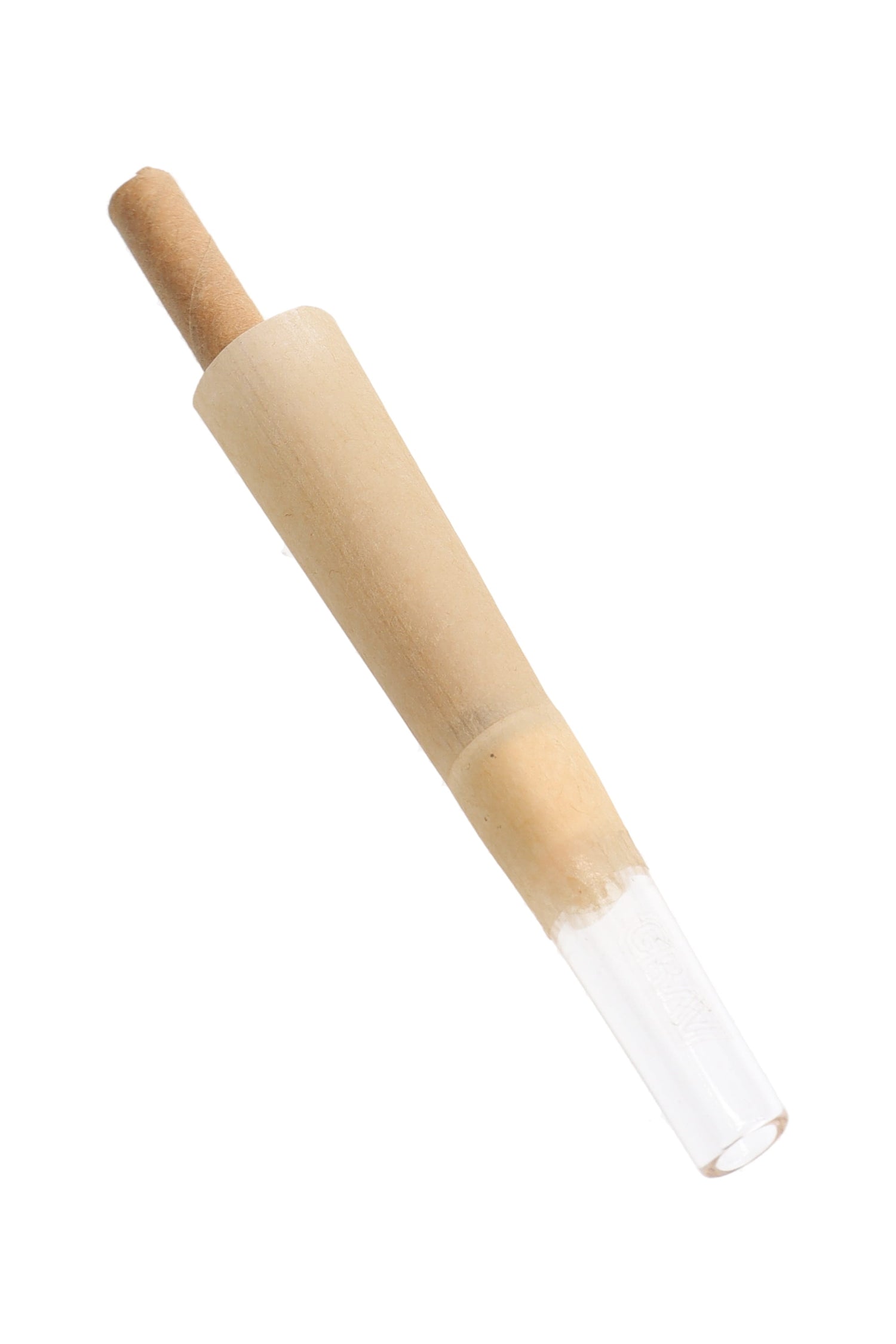 Close-up of natural 70 mm quartz tip cone with paper plug and clear glass tip ready to fill for a premium pre-roll.