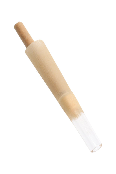 Close-up of natural 70 mm quartz tip cone with paper plug and clear glass tip ready to fill for a premium pre-roll.