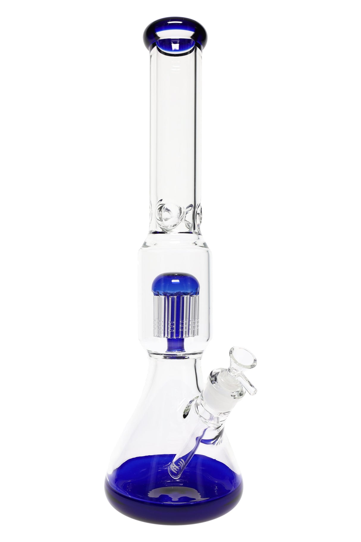 Dark blue-accent 18-inch glass beaker bong featuring a 12-arm tree perc and beaker base with ice pinch.