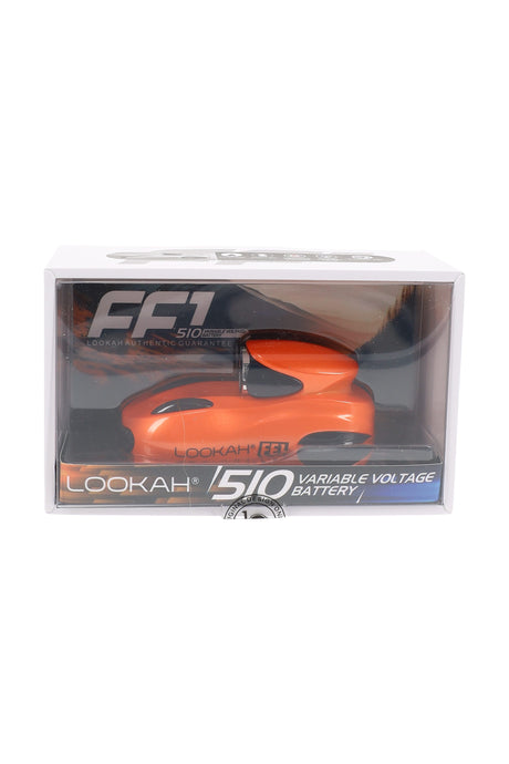 Orange Lookah FF1 510 variable voltage cart battery in display packaging, racecar-shaped compact body.