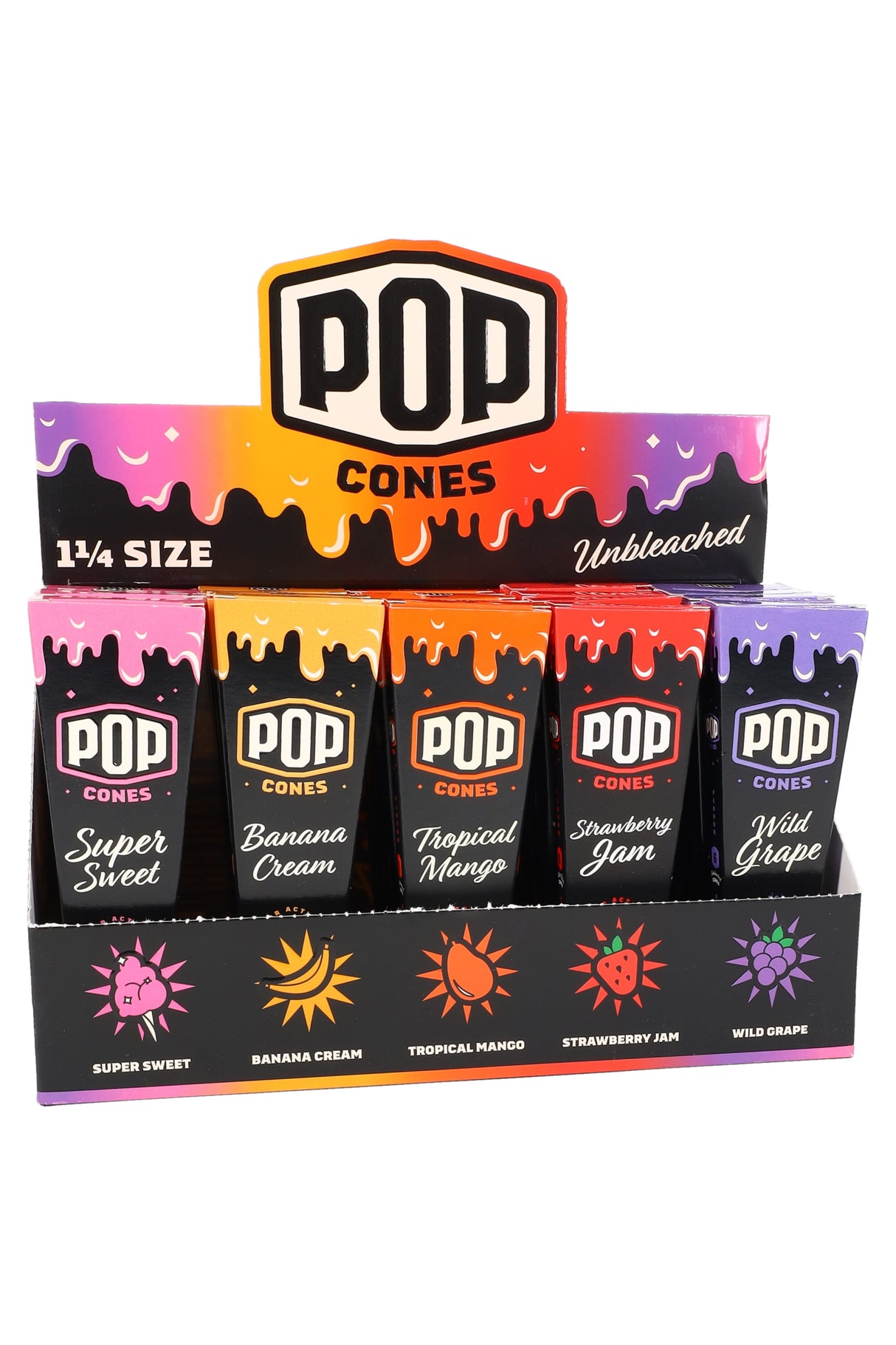Pop Cones 1¼ pre-rolled cones 25-count retail display, assorted flavors in branded cartons with unbleached paper callout.