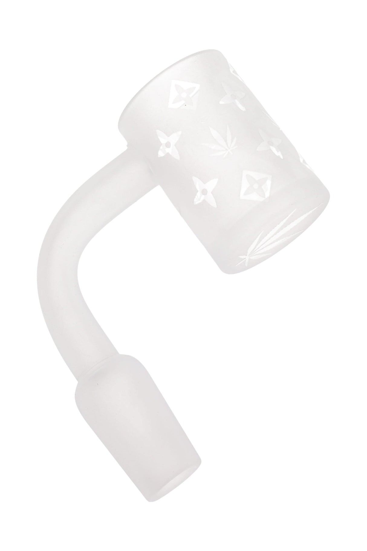 Frosted quartz bucket with geometric and leaf etching, 90-degree neck and 14.5 mm male joint, white background.