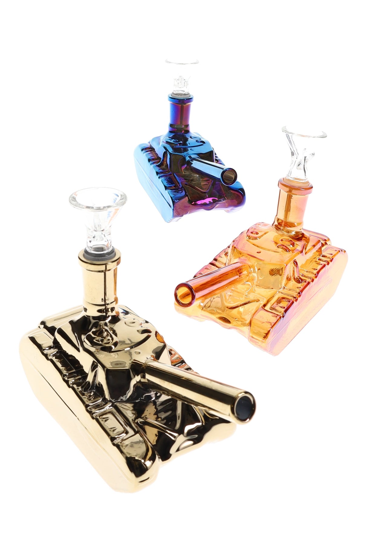 Group shot of three metallic tank mini bongs—gold, iridescent blue, and rose gold—each 6″ with 14.5 mm GoG joint.