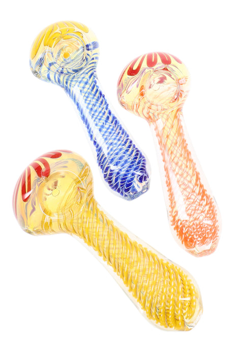 4½-inch color-changing glass hand pipe with tight swirl striping and rounded bowl, shown in assorted colorways.