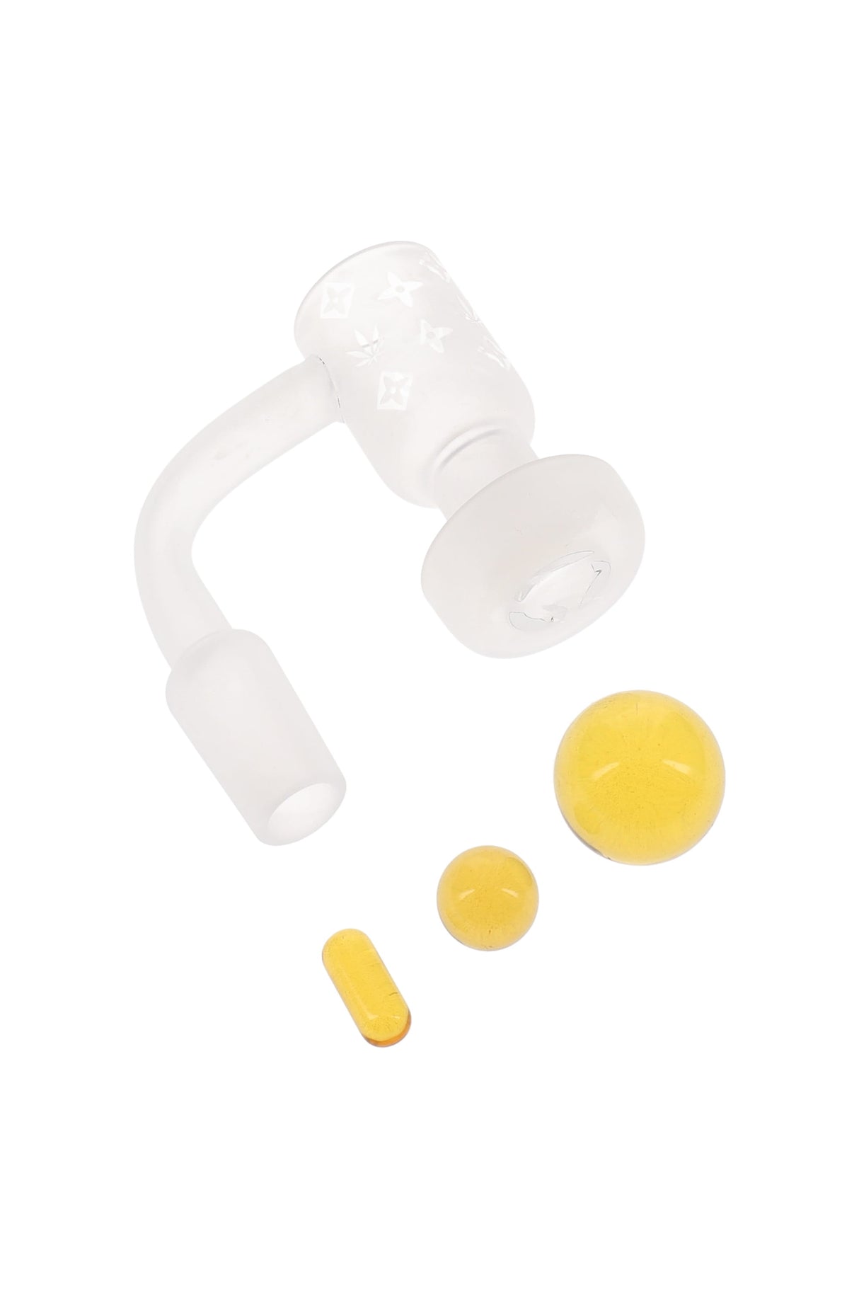 Frosted design terp slurper banger set with yellow bead trio—marble, pearl, pillar—flat-top bucket and 90-degree bend.