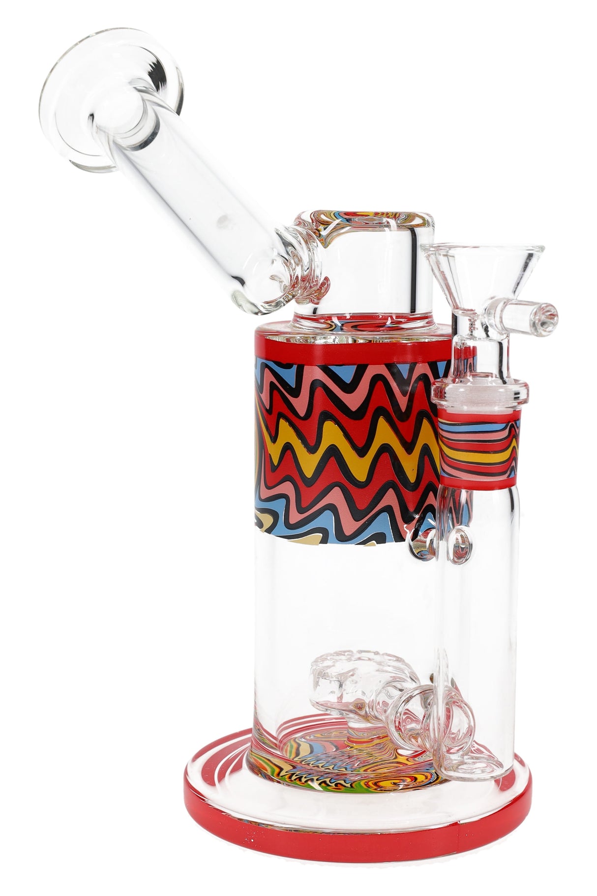 Red-trim 7″ stemless sidecar bong with multicolor reverse band, 14.5 mm female joint, and stable color-ring base.