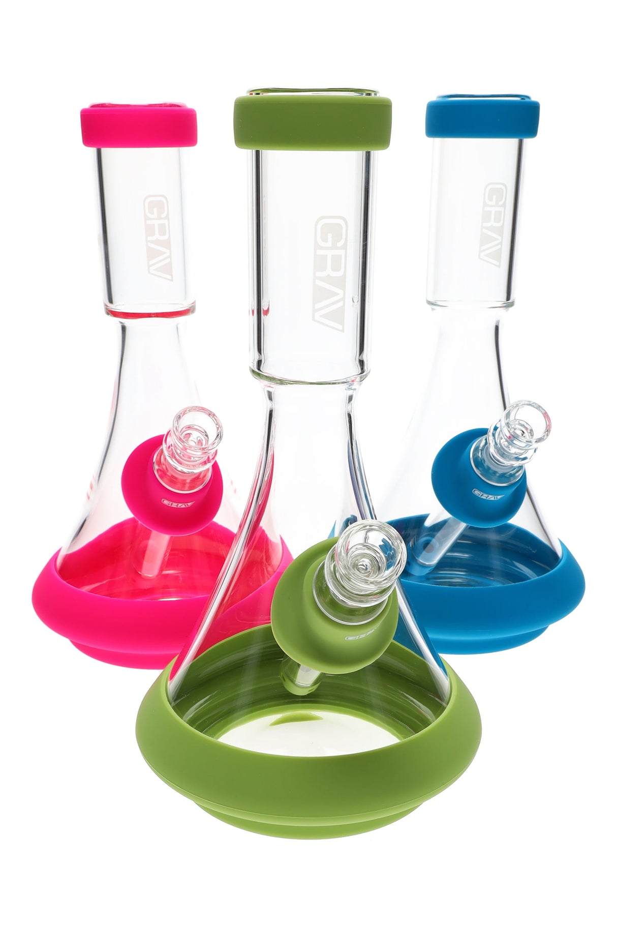 Clear 9.5-inch GRAV Deco Beaker with silicone base and mouth ring, 14.5 mm female joint, and beaker footprint, shown upright on white background.