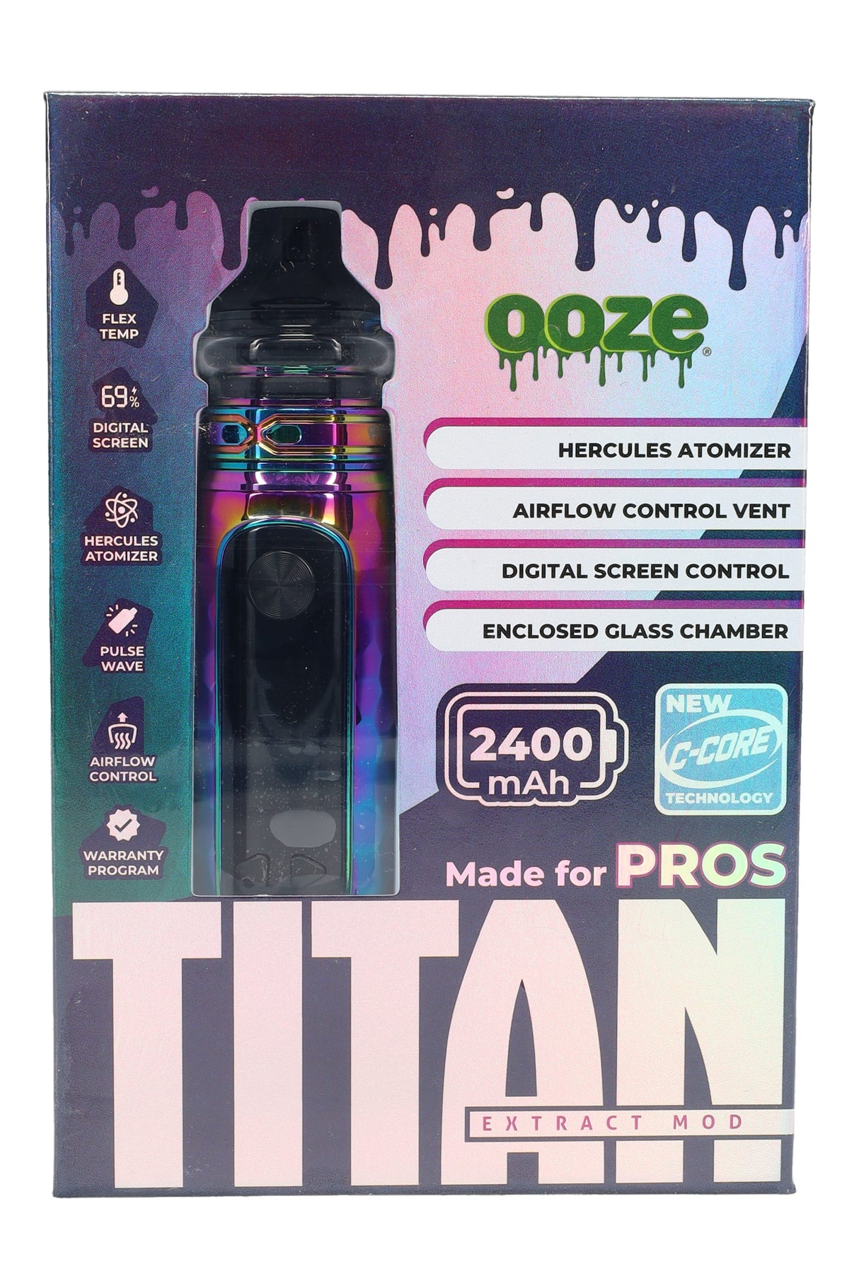 Rainbow finish Ooze Titan in packaging highlighting 2400 mAh capacity, C-Core tech, airflow control, and enclosed glass chamber.
