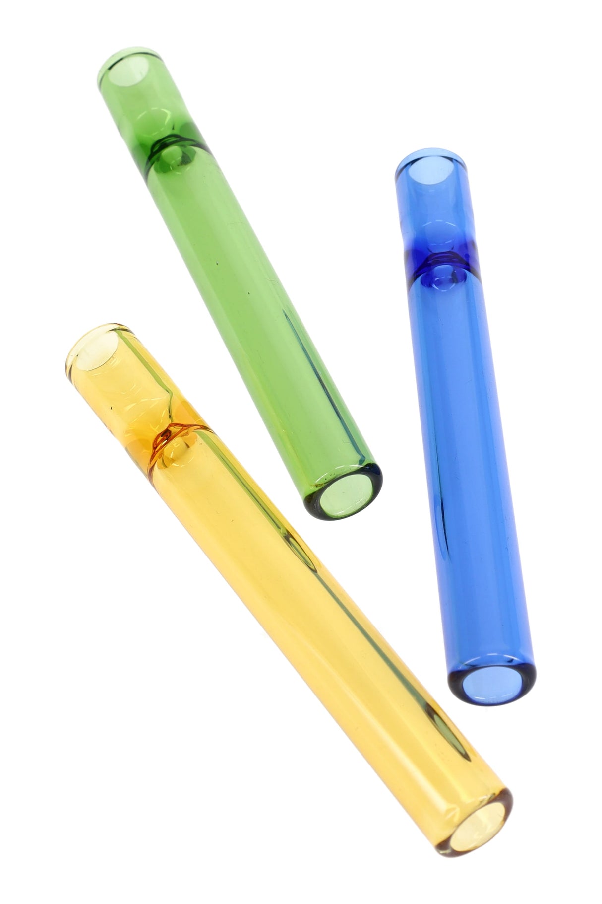 Three 4″ colored glass one-hitter bats—green, blue, and amber—straight chillum style with built-in pinch, angled layout.