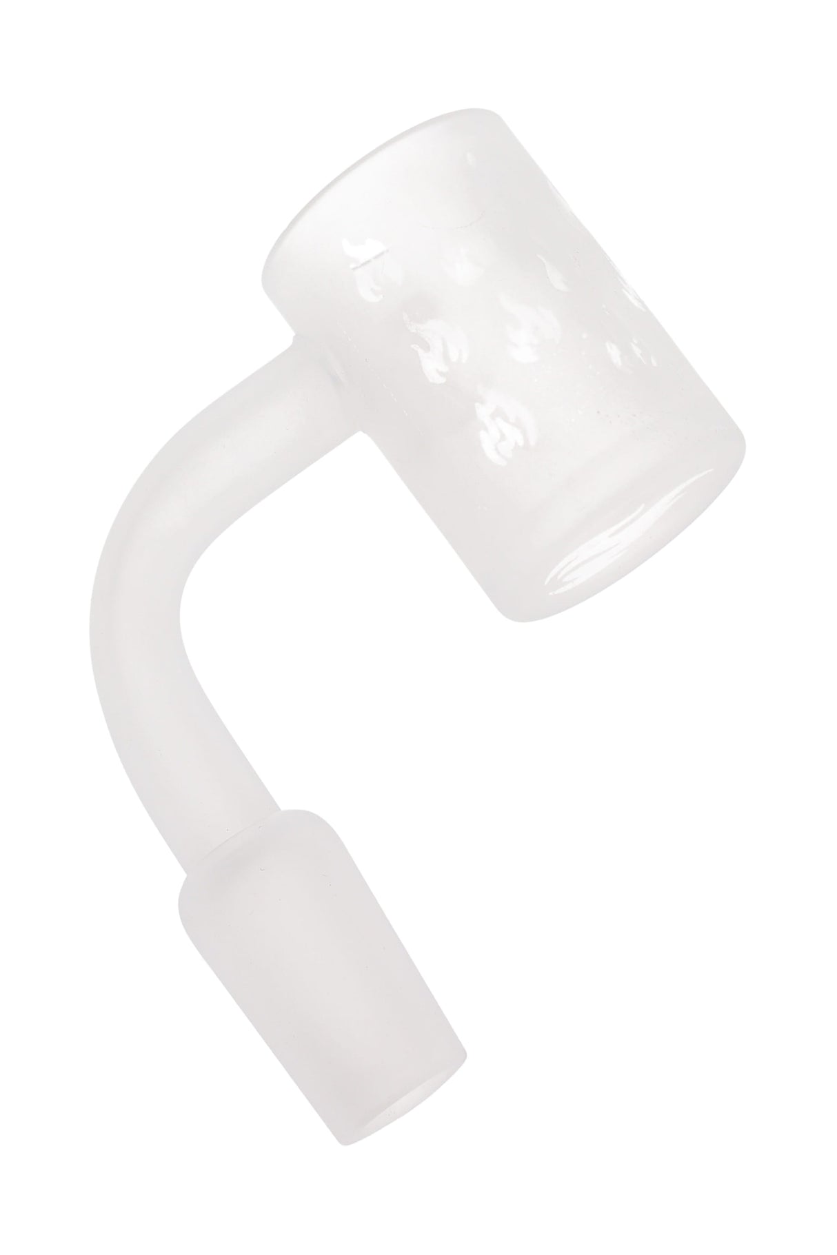 Minimal frosted quartz bucket with subtle flame etching, flat-top and 90-degree neck; male joint, white background.