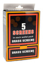 Brass pipe screens display box showing “5 screens in each wallet pack,” retail counter packaging with standard round gold mesh filters.