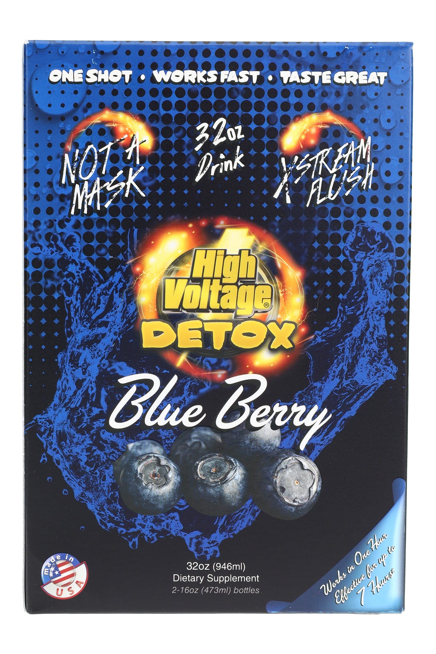 High Voltage Detox 32 oz Blue Berry box front, blue splash graphics and “Not a Mask” claim; dietary supplement drink.