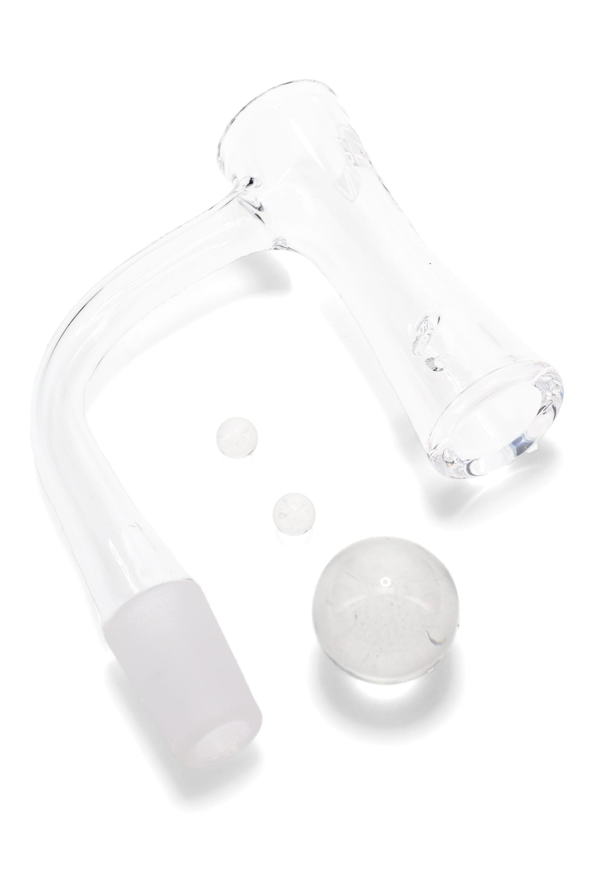 Overhead of GRAV hourglass bucket set displaying narrow-waist banger, clear marble cap, and two banger pearls for low-temp dabs.