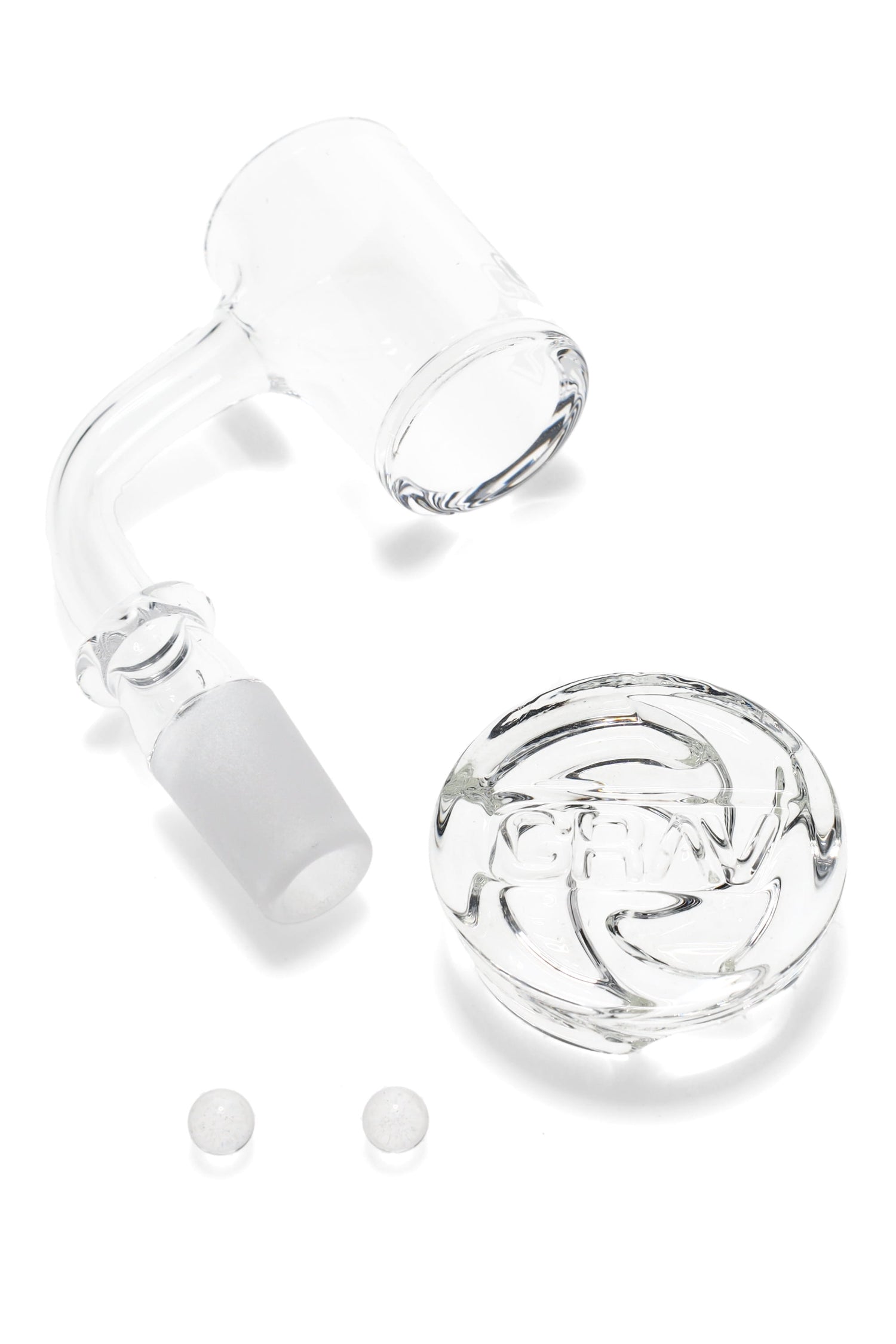 GRAV seamless quartz banger set with frosted joint, clear spinner cap engraved with GRAV logo, and two pearls for circulating airflow.