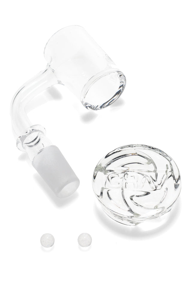 GRAV seamless quartz banger set with frosted joint, clear spinner cap engraved with GRAV logo, and two pearls for circulating airflow.