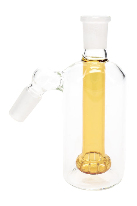 Clear 45-degree glass ash catcher with 14.5 mm male to female joints and amber showerhead perc, shown upright on white background.