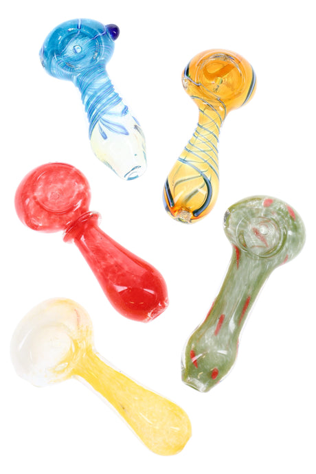 Five assorted 3-inch glass spoon pipes featuring spiral stripes, frit speckles and solid hues, displayed on white background