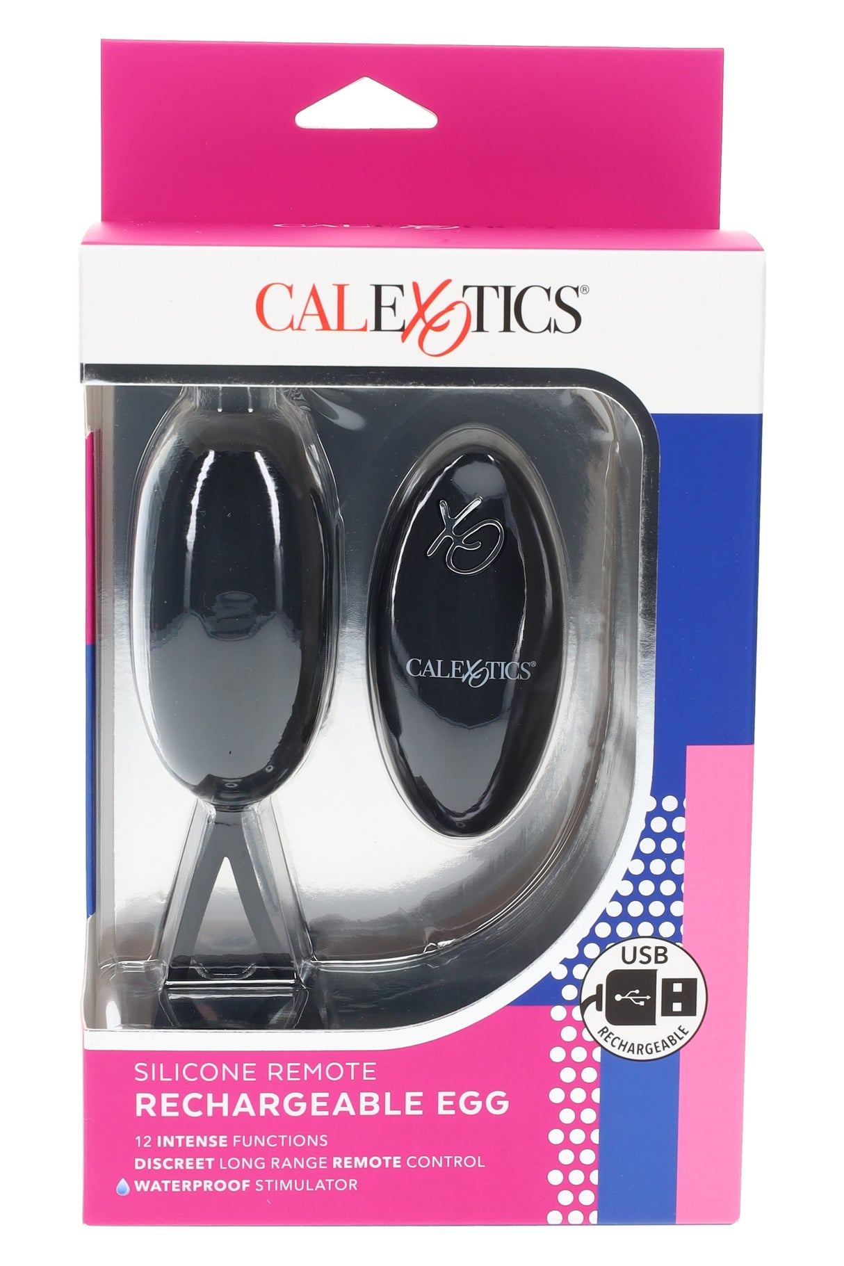 Black silicone remote egg vibrator with matching wireless controller; 12 functions, waterproof design, and USB-rechargeable power.