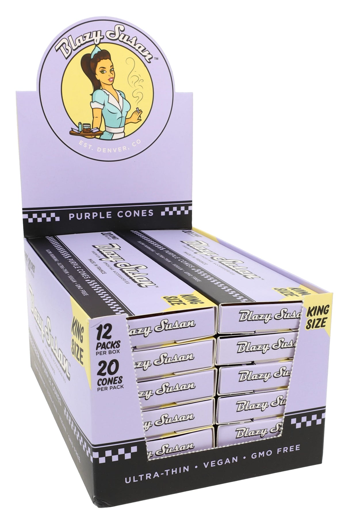 Blazy Susan king size purple pre-rolled cones 12-count display with stacked 20-cone packs, ultra-thin vegan GMO-free paper.
