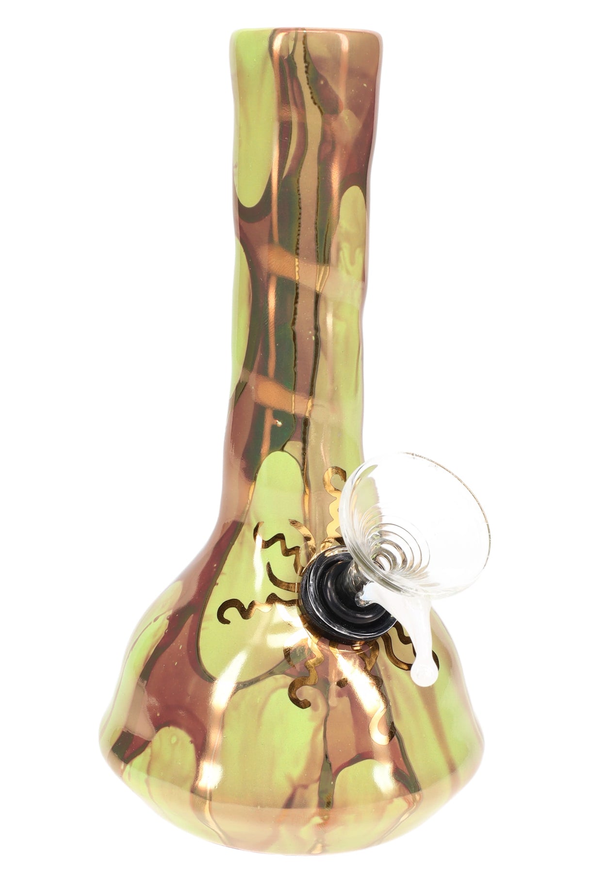 Apple green and bronze marbled 6″ ceramic beaker bong featuring glossy glaze and gold sunburst motif.