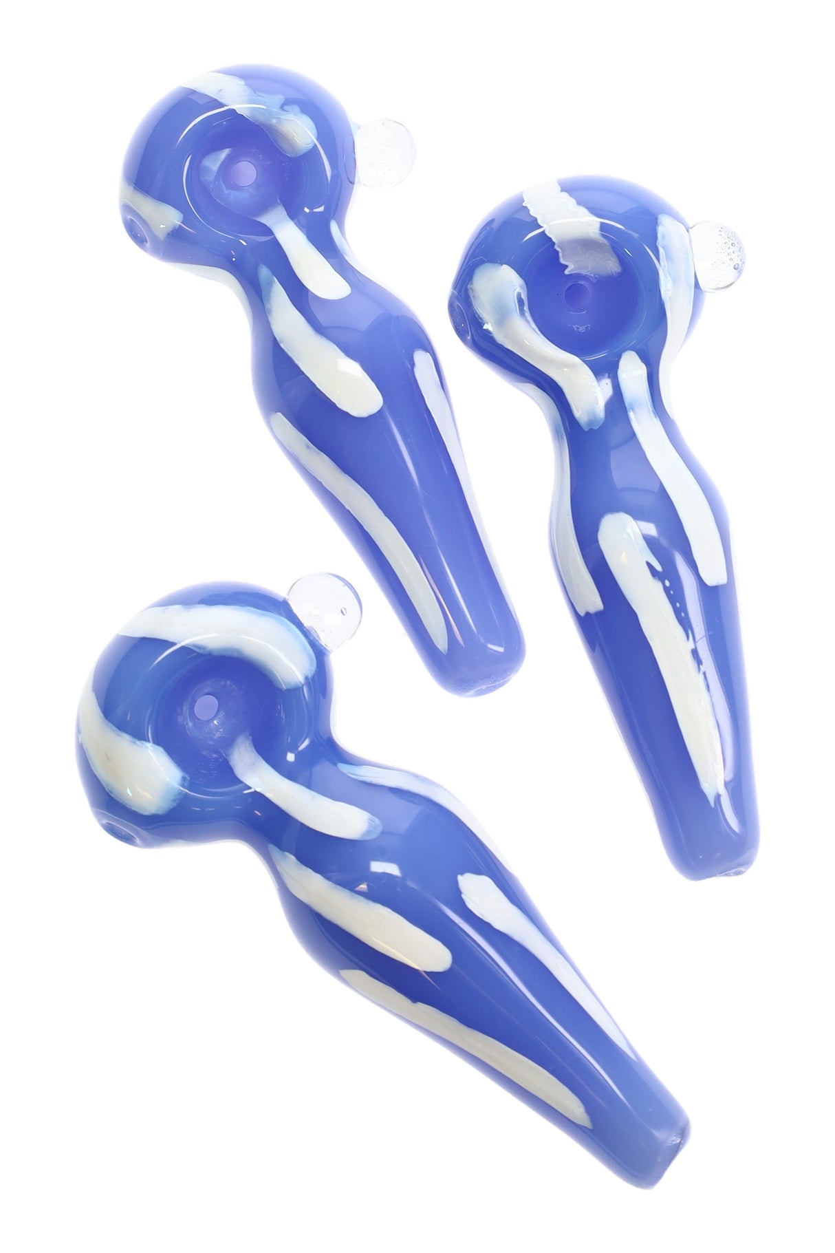 4½-inch light blue colored glass spoon pipe with white stripe accents and a clear side carb, shown from multiple angles.