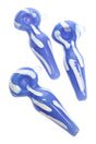4½-inch light blue colored glass spoon pipe with white stripe accents and a clear side carb, shown from multiple angles.
