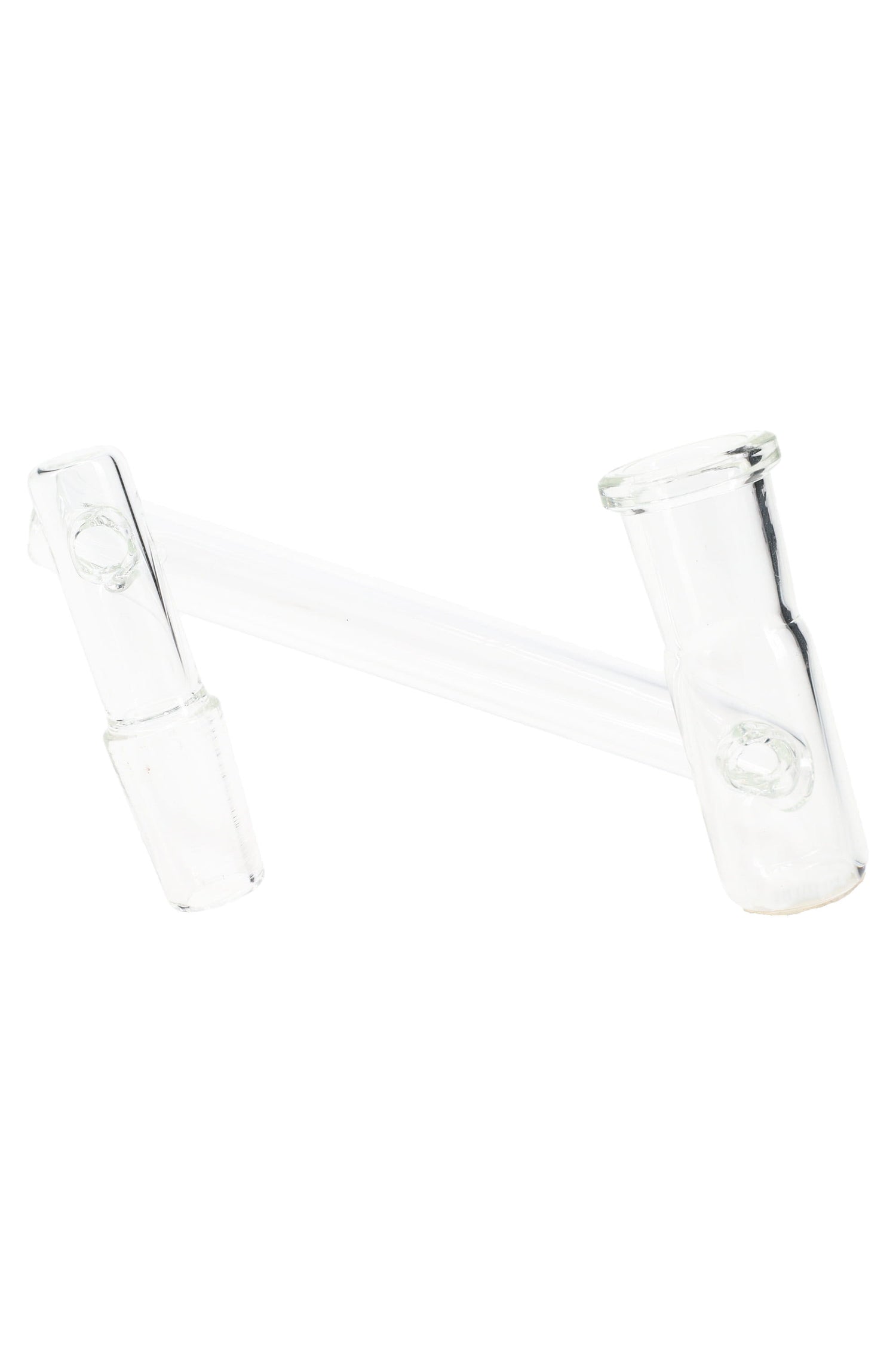 Clear drop-down sidecar adapter with 14.5 mm male and 14.5 mm female joints connected by an offset tube, angled on white.