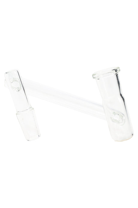 Clear drop-down sidecar adapter with 14.5 mm male and 14.5 mm female joints connected by an offset tube, angled on white.