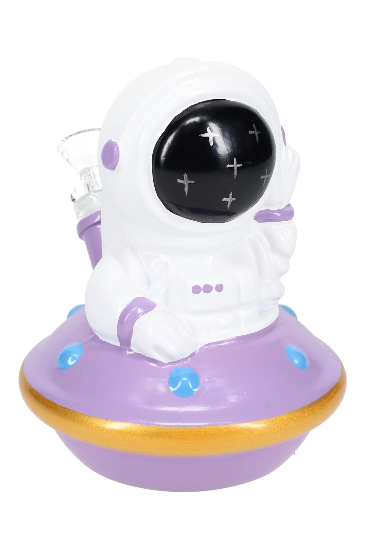 White-and-lavender astronaut UFO glass bong with black visor details and 14.5 mm female joint, 6″ size.