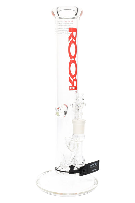 ROOR Tech 14-inch clear straight shooter bong with showerhead perc, 5 mm glass, red ROOR Tech decal, round base.
