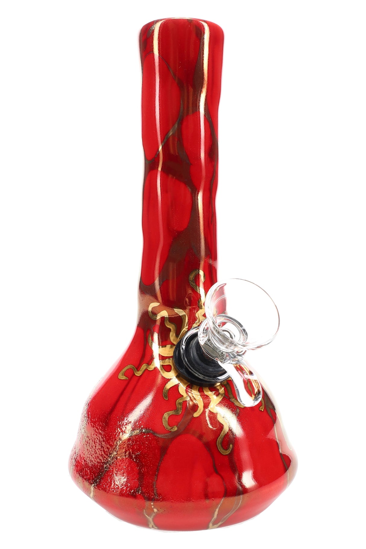 Red marbled 6″ ceramic beaker bong with gold sunburst design and compact form suited for quick sessions.