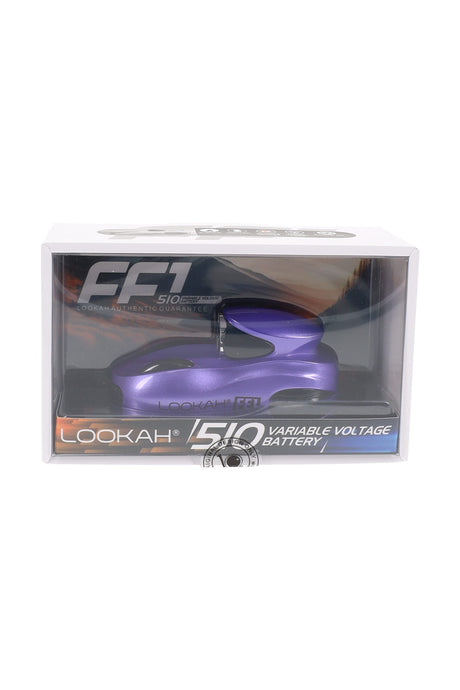 Purple Lookah FF1 510 variable voltage battery in retail box, glossy racecar body and top-mounted 510 connector.