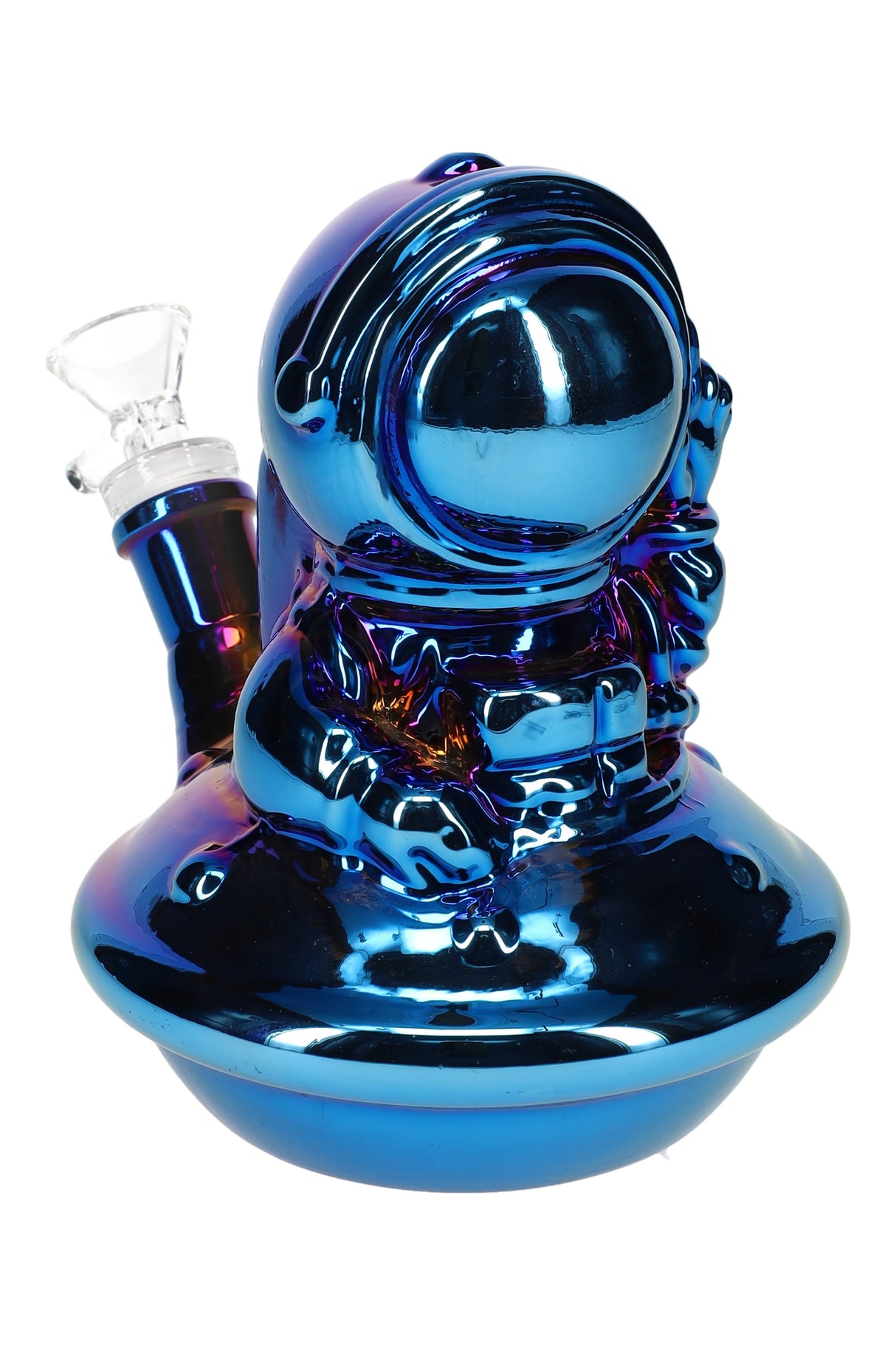Mirror-blue metallic astronaut UFO mini bong highlighting the rear glass bowl joint, compact 6″ profile.