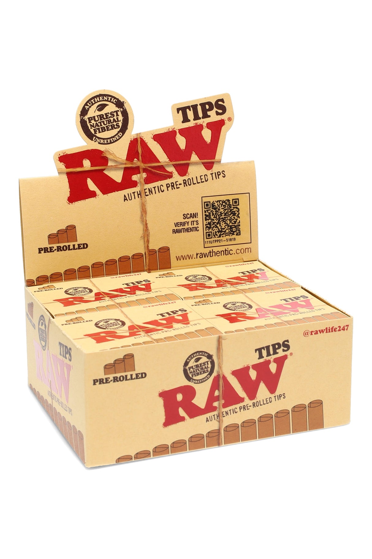 RAW Organic pre-rolled tips 20-count display box; natural fiber filter tips for papers and cones, each pack containing 21 tips.